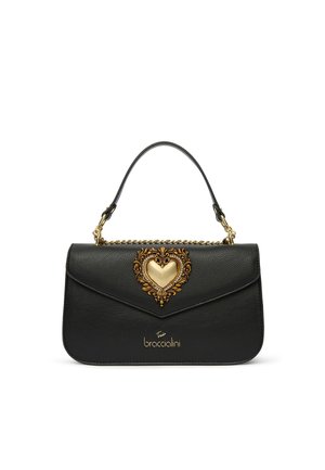 Borsa a mano in pelle nera con una chiusura ornate a forma di cuore dorato, dettaglio a catena, manico superiore e logo "braccialini" sul fronte.