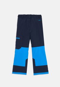 Sötét tengerészkék és kék sínadrág, vízálló anyagból, széles szárakkal, állítható derékkal és egy oldalsó cargo zsebbel.