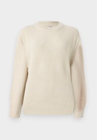 Pull en maille épaisse crème avec un col rond, des manches prolongées et une finition texturée. Présente un léger côte et une coupe décontractée.