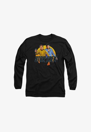 Black long-sleeve T-shirt featuring graphic print of two characters from "Star Trek" in yellow and blue uniforms, with text "STAR TREK."