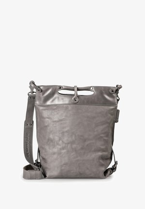 Borsa a tracolla in pelle grigia con una finitura morbida e texture. Presenta un'apertura superiore con occhielli e una tracolla regolabile e removibile.