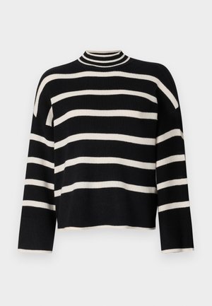 Gebreid sweater met een hoge kraag, voorzien van afwisselend zwarte en witte horizontale strepen, verkorte lengte en brede mouwen.