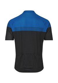 Maillot de cyclisme à manches courtes avec haut bleu, partie inférieure noire, rayures horizontales et trois poches de rangement à l'arrière.