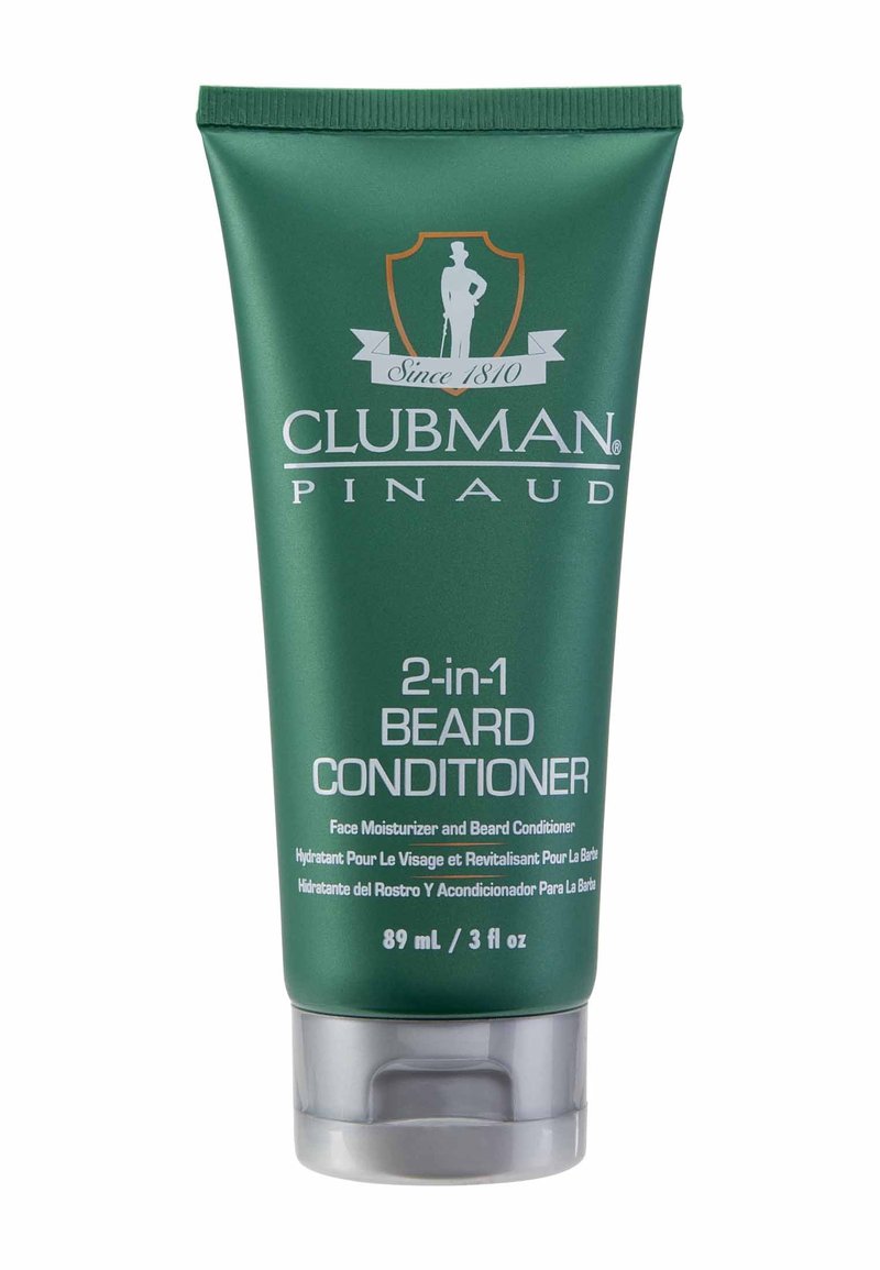 Grüne Kunststofftube mit der Aufschrift "Clubman Pinaud 2-in-1 Bartconditioner" und grauem Deckel, 89 ml. Text in Weiß; enthält ein Emblem.