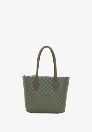 Sac à main matelassé vert olive avec des poignées arrondies, fermeture éclair et logo "O bag" à l'avant.