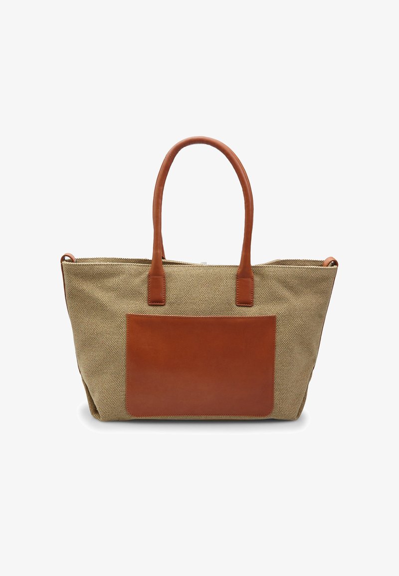 Smėlio spalvos kanvos rankinė su rudais odiniais akcentais. Turi du tvirtus rankenų poras ir tekstūruotą paviršių su didele priekinę kišenę.