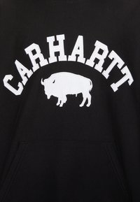 Černá mikina s kapucí s bílým vyšívaným textem "CARHARTT" a bílým grafikou bizona uprostřed dole. Materiál vypadá měkký s klasickým střihem.