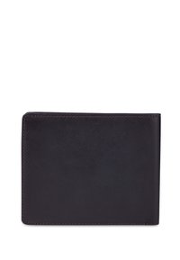Geschlossene dunkelbraune Leder-Bifold-Brieftasche mit sichtbaren Nähten entlang der Ränder auf einem weißen Hintergrund.
