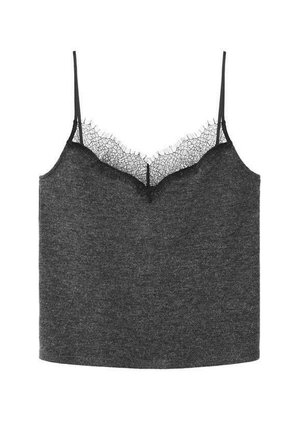 Grauer Strick-Camisole mit dünnen Trägern und Spitzenbesatz entlang des Halsausschnitts. Verfügt über eine lockere Passform und eine glatte Textur.