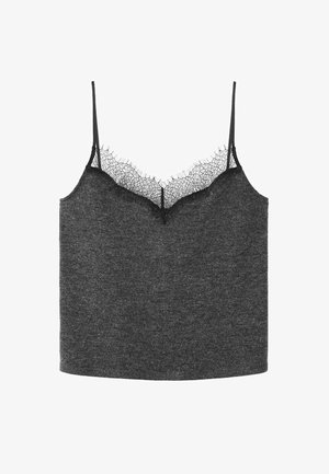Grauer Strick-Camisole mit dünnen Trägern und Spitzenbesatz entlang des Halsausschnitts. Verfügt über eine lockere Passform und eine glatte Textur.