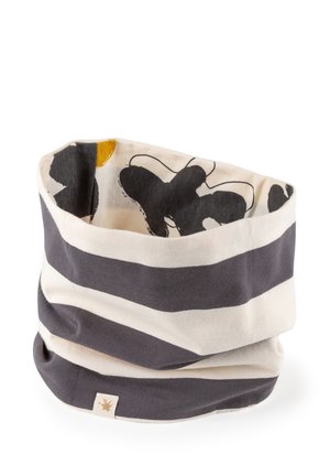 Circular fabric neck warmer with wide horizontal gray and white stripes and an abstract black and yellow pattern on the inside lining.