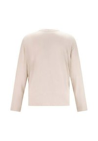 Beige Langarmoberteil mit Rundhalsausschnitt und lockerer Passform. Glatte Textur, keine sichtbaren Designmuster oder Hardware-Akzente.