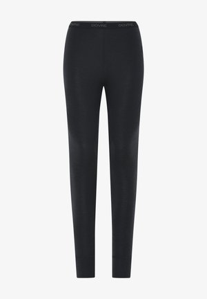 Black leggings made of soft, stretchy fabric. Fitted design with an elastic waistband featuring the brand logo. Smooth texture and full length.