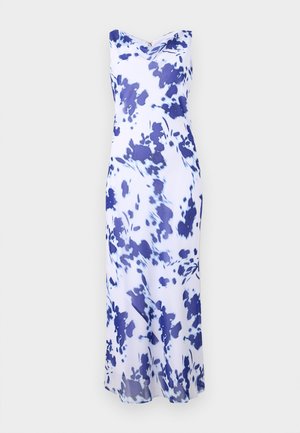 Sleeveless long dress with white base and abstract dark blue floral pattern, featuring a draped neckline and fitted silhouette.