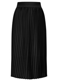 Gonna nera plissettata con una vita ampia, lunga fino al ginocchio, realizzata in tessuto morbido. Presenta pieghe verticali per maggiore texture e fluidità.