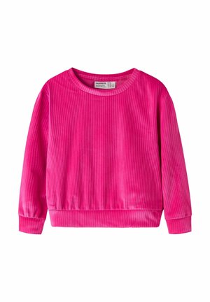 Fleece sweatshirt in vibrant pink, featuring ribbed texture, a crew neckline, and elastic cuffs and hem for a snug fit.