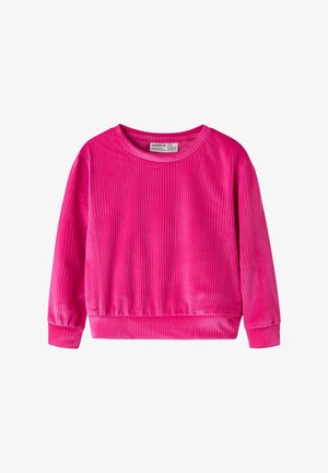 Fleece sweatshirt in vibrant pink, featuring ribbed texture, a crew neckline, and elastic cuffs and hem for a snug fit.