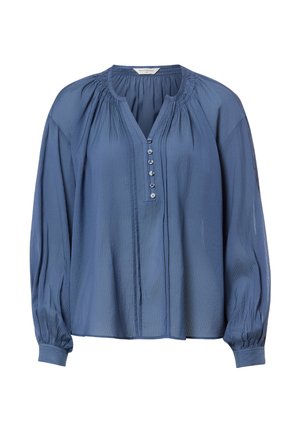 Blaue Bluse mit langen Ärmeln, rundem Ausschnitt, vorderer Knopfleiste mit sechs Knöpfen, gerafften Schultern und Manschetten, lockerer Sitz.
