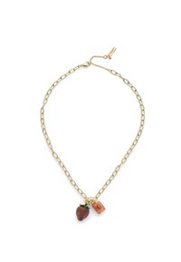 Złoty naszyjnik łańcuszkowy z czerwonym brylantowym urokiem w kształcie truskawki oraz małym prostokątnym zawieszeniem przypominającym koral, z złotym detalem.