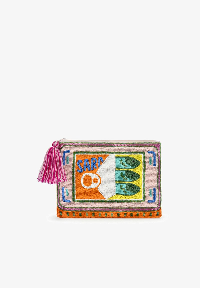 Clutch bag with beaded design resembling a colorful sardine can and a pink tassel zipper pull on white background.