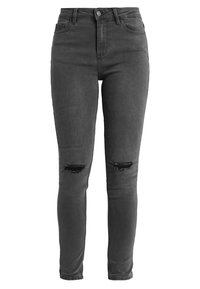 Jeans ajustados de talle alto en denim gris oscuro con desgastes en las rodillas, que cuentan con un diseño clásico de 5 bolsillos y cierre de botón.