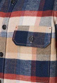 Flanellhemd mit kariertem Muster in Blau, Rot, Beige und Creme, mit schwarzen Knöpfen und einer Brusttasche. Weiche Textur und robuste Nähte.