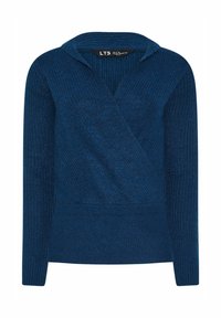 Maglione blu lavorato a maglia con design incrociato, maniche lunghe e cappuccio. Presenta una texture a coste e una vita alta.