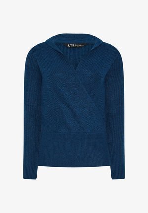 Blauwe gebreide trui met een kruisdizijn, lange mouwen en een capuchon. Heeft een ribbeltextuur en een brede tailleband.