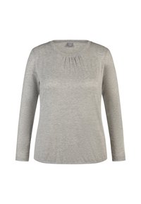 Gray long-sleeve top made of soft fabric, featuring a round neckline and subtle gathering at the chest for added detail.