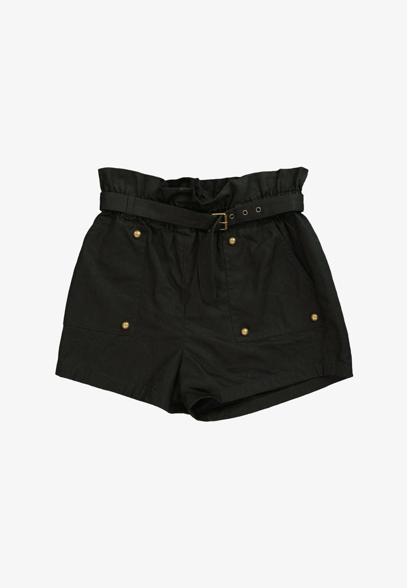 Short noir taille haute avec une ceinture froncée, une ceinture à boucle et de grandes poches avant fermées par quatre boutons dorés.