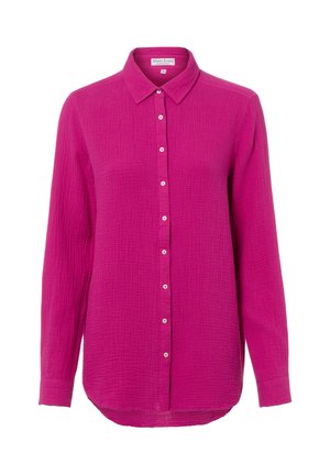 Fuchsienfarbene Hemdbluse aus strukturiertem, leichtem Stoff. Verfügt über einen klassischen Kragen und einen abgerundeten Saum sowie kleine, metallische Knöpfe an der Vorderseite.