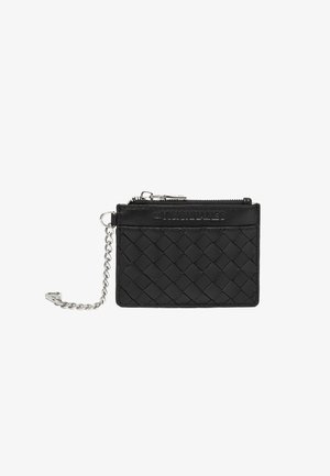 Black woven leather card holder with a zip compartment, silver chain attachment, and embossed logo on top panel. Simple rectangular design.