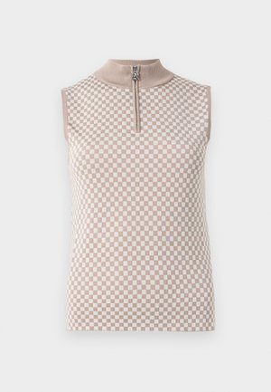 Uten ermer beigefarget og hvit rutete strikket topp med kort stålkrage og front halvglidelås.