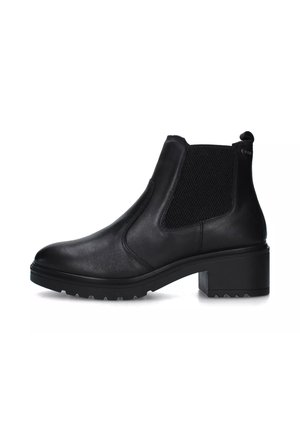 Stivale alla caviglia in pelle nera con design elegante, pannelli laterali elastici, tacco spesso e suola testurizzata. Dettagli minimi con linguetta per l'estrazione.