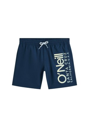 Marineblaue Badeshorts mit weißem Kordelzug und großem weißem vertikalem O'Neill Santa Cruz California U.S.A Logo am rechten Bein.