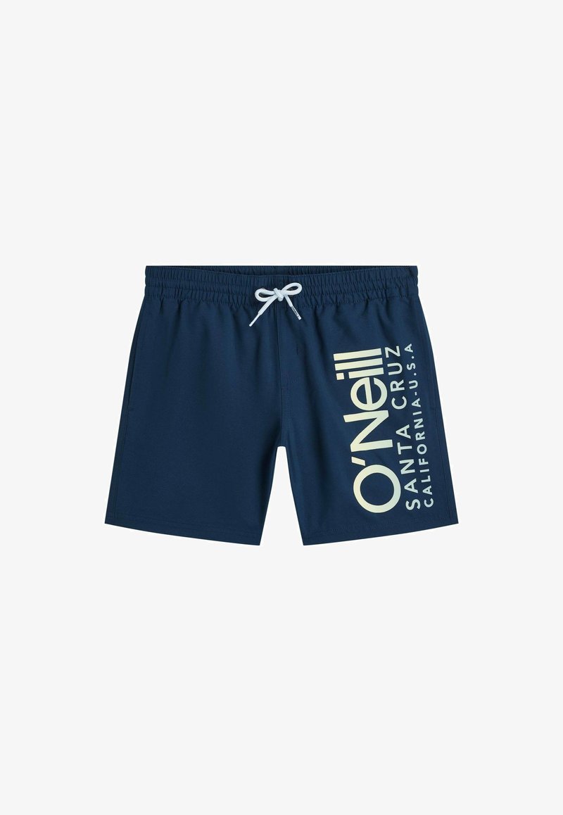 Marineblauwe zwemshorts met een wit trekkoord en een groot verticaal wit O'Neill Santa Cruz California U.S.A-logo op het rechterbeen.