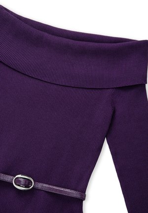 Purple ribbed off-the-shoulder dress featuring a glossy belt with a circular buckle. The fabric has a textured appearance.