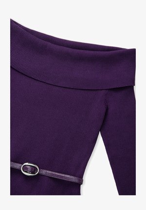 Purple ribbed off-the-shoulder dress featuring a glossy belt with a circular buckle. The fabric has a textured appearance.