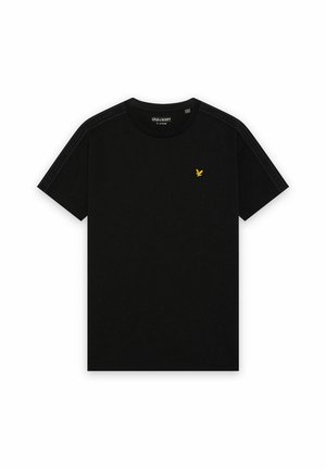 Sort t-shirt med korte ærmer med lille gult fuglelogo på venstre bryst og mærkebånd langs skuldrene.