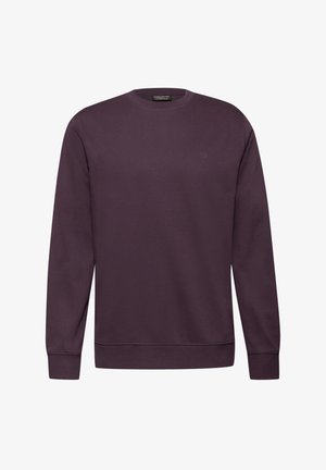Sudadera de cuello redondo morada hecha de material suave, con mangas largas, puños y dobladillo acanalados, y un pequeño logo en el pecho.