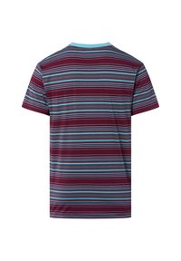 Short-sleeve T-shirt in maroon with horizontal stripes in blue and gray. Features a light blue collar, soft texture, and casual fit.