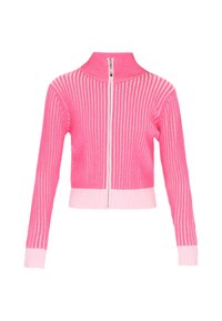 Rosa, gerippte Kurzjacke mit hohem Kragen, langen Ärmeln und durchgehendem Frontreißverschluss. Mit abwechselnden hell- und dunkelrosa Streifen.