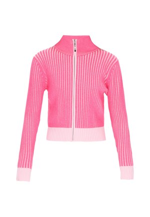Rosa, gerippte Kurzjacke mit hohem Kragen, langen Ärmeln und durchgehendem Frontreißverschluss. Mit abwechselnden hell- und dunkelrosa Streifen.