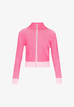 Jachetă scurtă roz cu dungi și guler înalt, mâneci lungi și fermoar frontal complet. Prezintă dungi alternante de roz deschis și închis.