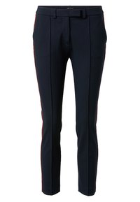 Pantalons marine à coupe ajustée, avec une texture lisse, des plis sur le devant et des rayures latérales rouges pour une touche de détail.