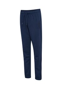 Marineblauwe joggingbroek van zachte stof, met een elastische tailleband met trekkoord en taps toelopende enkels. Subtiele logodetail aan de zijkant.