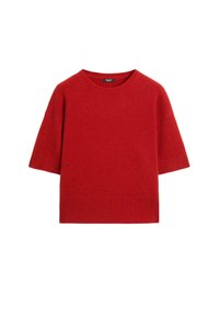 Maglione rosso a maglia con maniche corte, scollatura rotonda e orlo a coste. Realizzato in un tessuto morbido, presenta una texture liscia e un colore vivace.