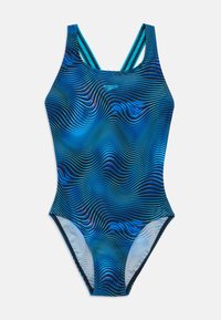 Ολόσωμο μαγιό με μπλε κυματιστό σχέδιο, με λεπτές τιράντες και αεροδυναμικό σχεδιασμό. Κατασκευασμένο από ελαστικό υλικό για άνεση.