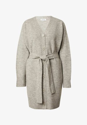 Grijze gebreide cardigan met een V-hals, knoopsluiting, geribde manchetten en een stoffen riem in de taille. Zachte textuur en medium lengte.
