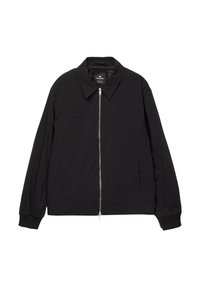Schwarze leichte Jacke mit Reißverschluss, Kragen, elastischen Bündchen und Seitentaschen. Glatte Textur mit minimaler Detailierung.